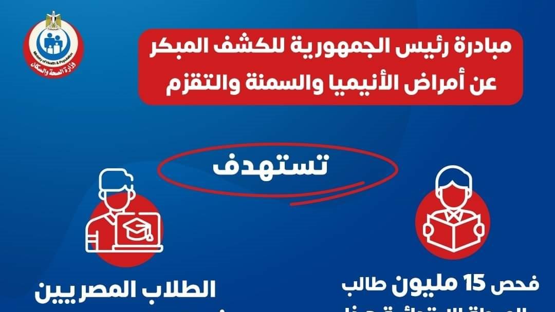 ضمن مبادرة الرئيس..الصحة: فحص 15 مليون طالب بالابتدائية للكشف المبكر عن أمراض الأنيميا والسمنة والتقزم